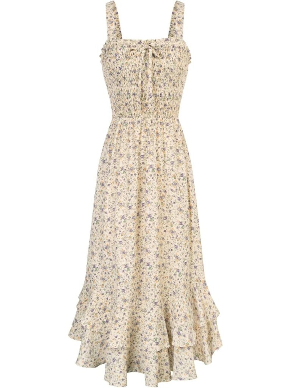 Women's Light Yellow Square Neck Strapped A LINE Floral Boho Long Maxi Dress